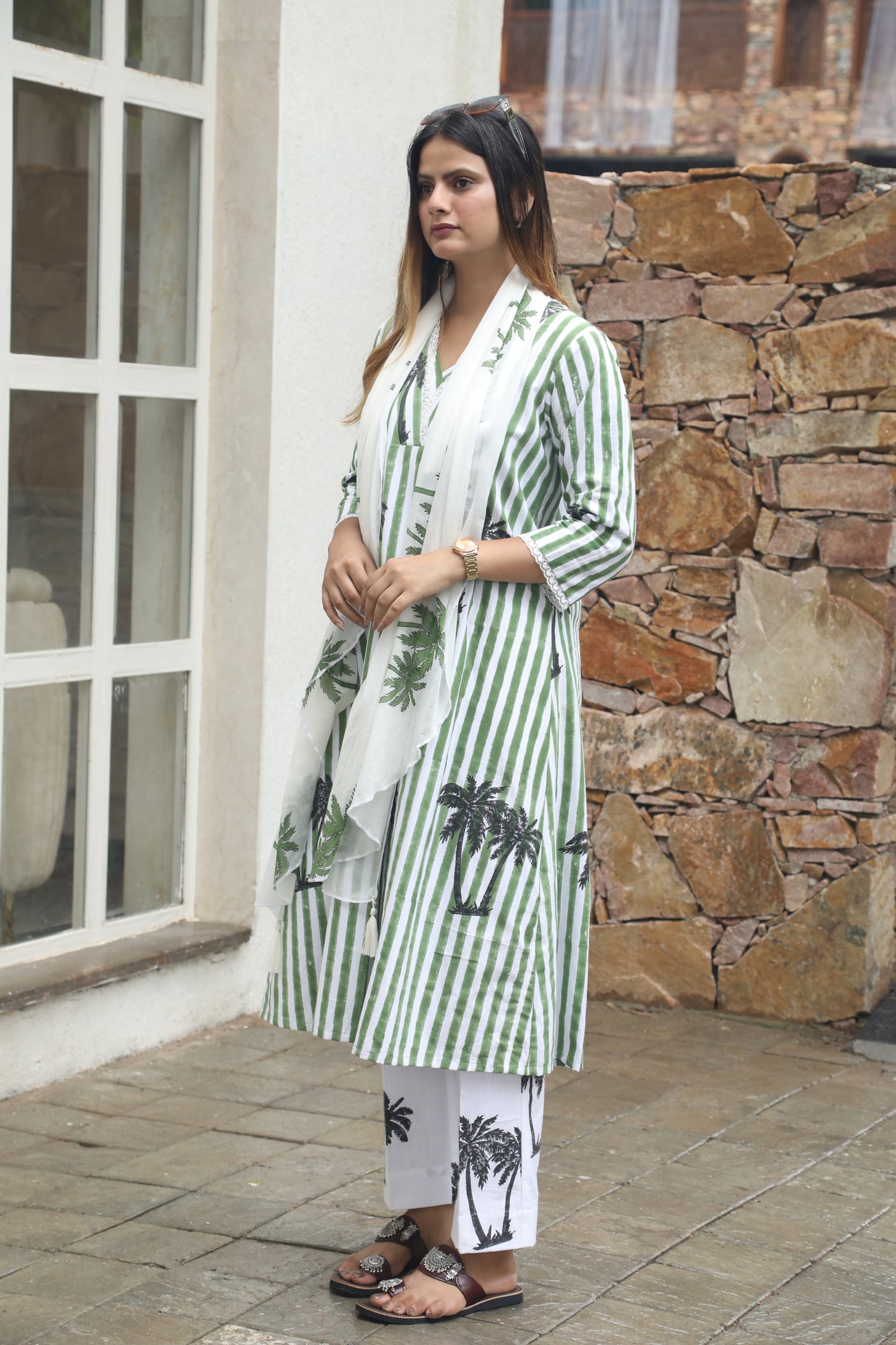 Negchar Green Stripes & Palm Handblock Printed Linen Suit Set