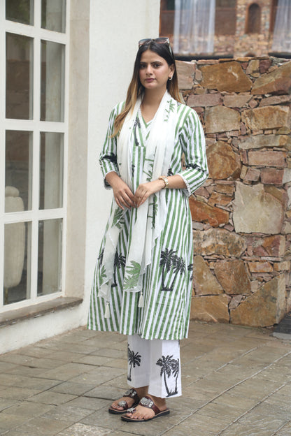 Negchar Blue Stripes & Palm Handblock Printed Linen Suit Set