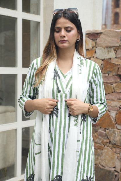 Negchar Green Stripes & Palm Handblock Printed Linen Suit Set