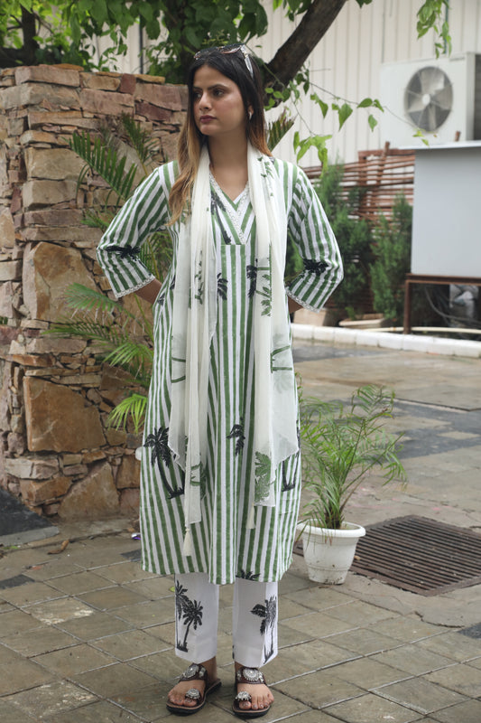 Negchar Green Stripes & Palm Handblock Printed Linen Suit Set
