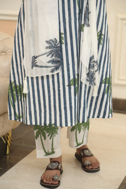 Negchar Blue Stripes & Palm Handblock Printed Linen Suit Set