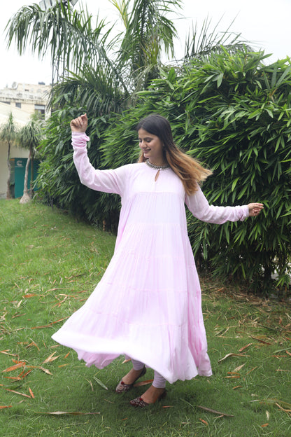 Negchar Solid Pink Tiered Anarkali Suit Set