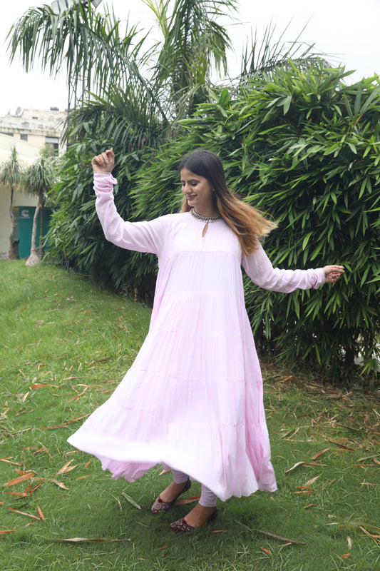 Negchar Solid Pink Tiered Anarkali Suit Set