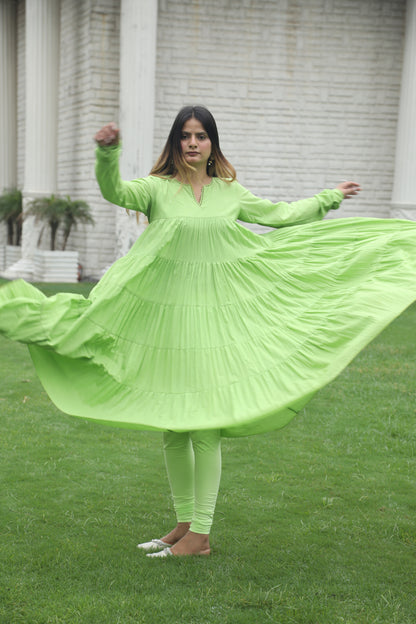 Negchar Solid Mint Green Tiered Anarkali Suit Set