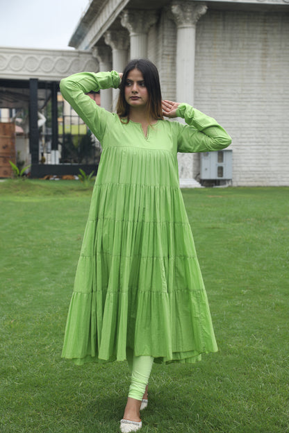 Negchar Solid Mint Green Tiered Anarkali Suit Set