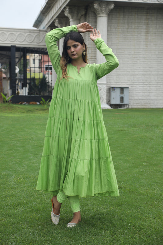 Negchar Solid Mint Green Tiered Anarkali Suit Set