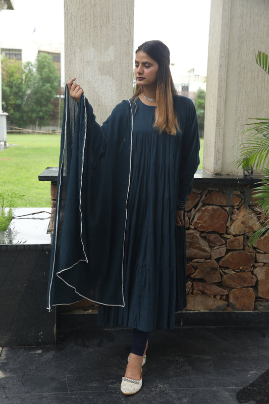Negchar Solid Blue Tiered Anarkali Suit Set