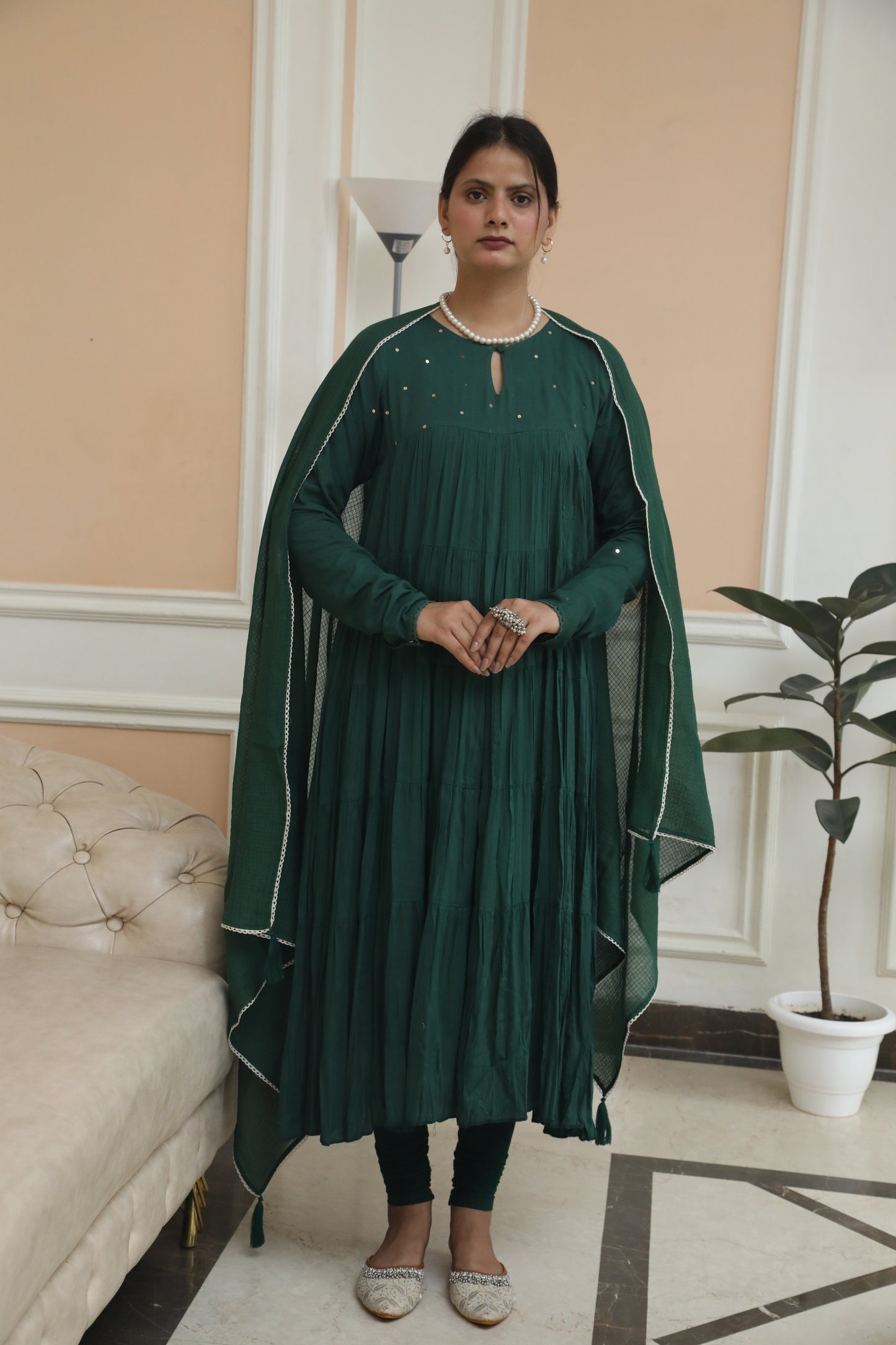 Negchar Solid Green Tiered Anarkali Suit Set