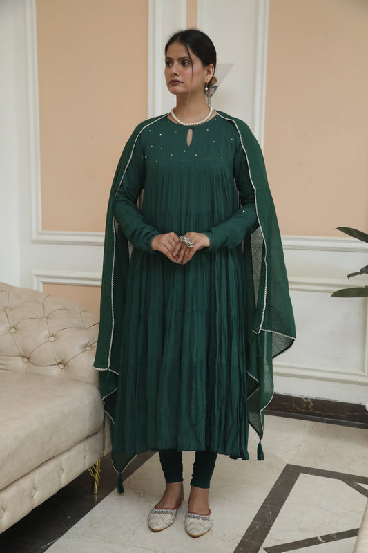 Negchar Solid Green Tiered Anarkali Suit Set