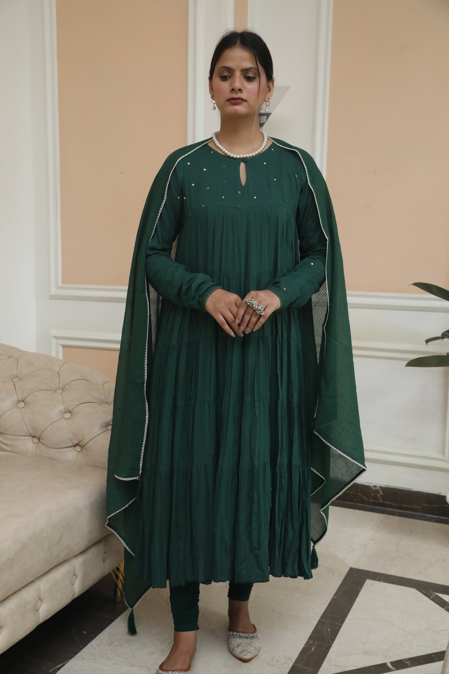 Negchar Solid Green Tiered Anarkali Suit Set