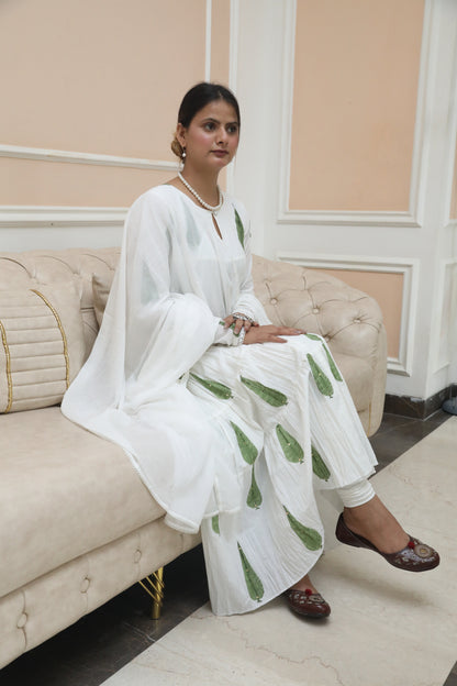 Negchar Green Leaf Handblock Printed Tiered Anarkali Suit Set