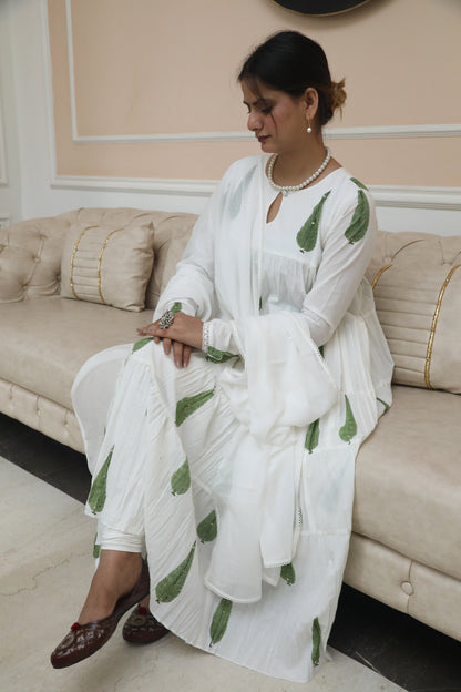 Negchar Green Leaf Handblock Printed Tiered Anarkali Suit Set