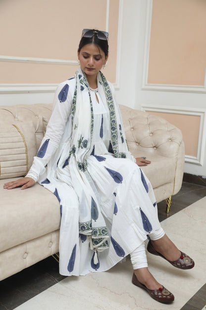 Negchar Blue Leaf Handblock Tiered Anarkali Suit Set