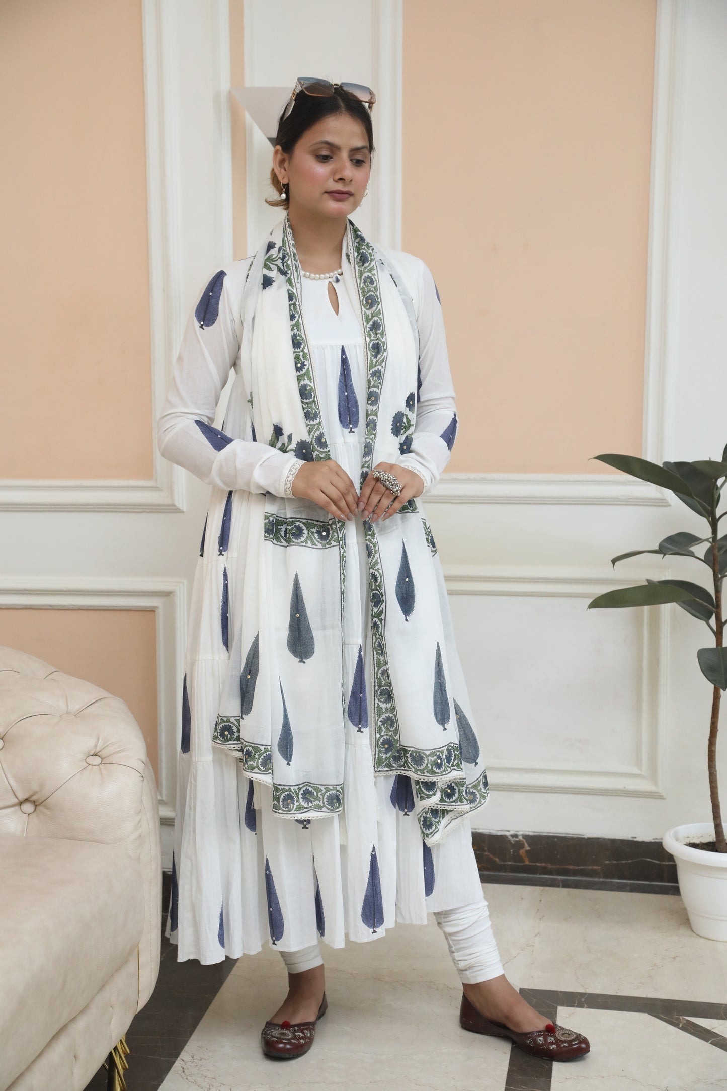Negchar Blue Leaf Handblock Tiered Anarkali Suit Set