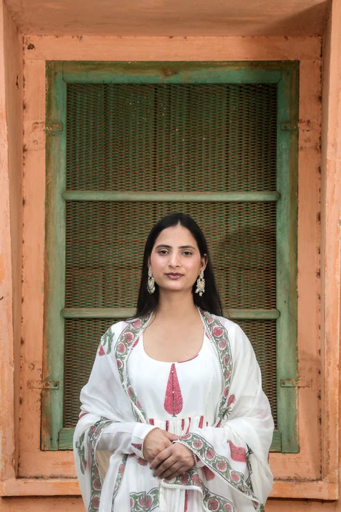 Negchar Red Leaf with Buta Handblock Anarkali Suit Set – White