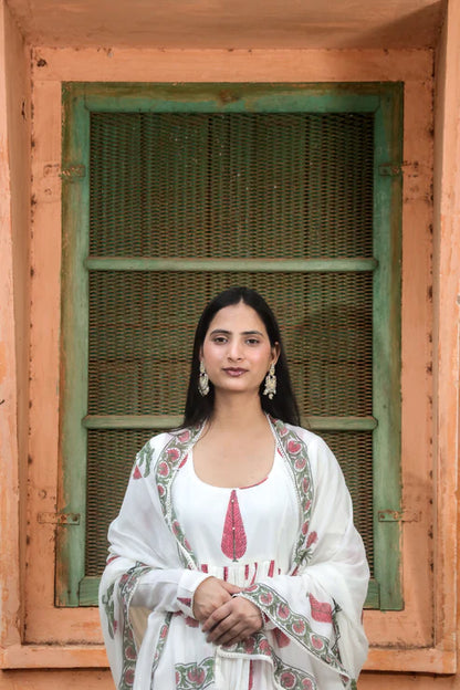 Negchar Red Leaf with Buta Handblock Anarkali Suit Set – White