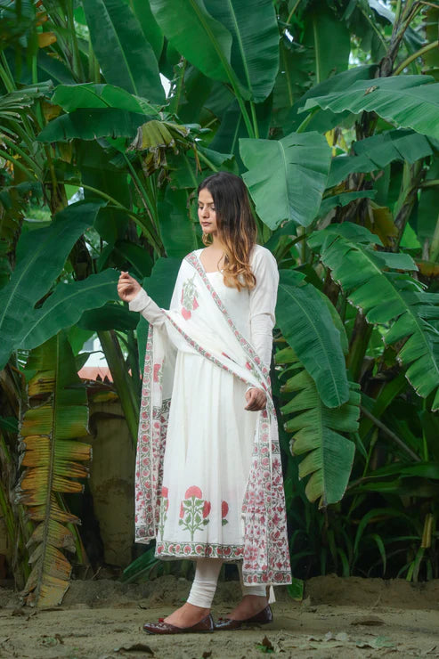 Negchar Red Buta Handblock Anarkali Suit Set - White