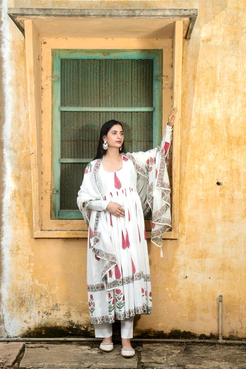 Negchar Red Leaf with Buta Handblock Anarkali Suit Set – White