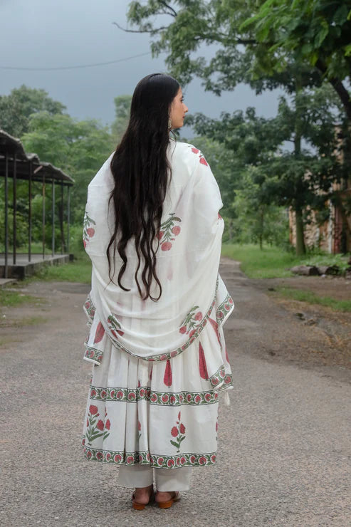 Negchar Red Leaf with Buta Handblock Anarkali Suit Set – White