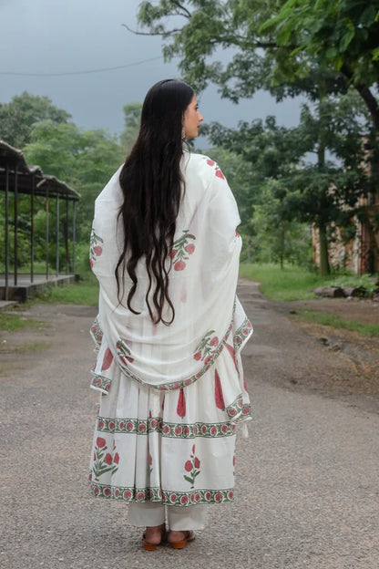 Negchar Red Leaf with Buta Handblock Anarkali Suit Set – White