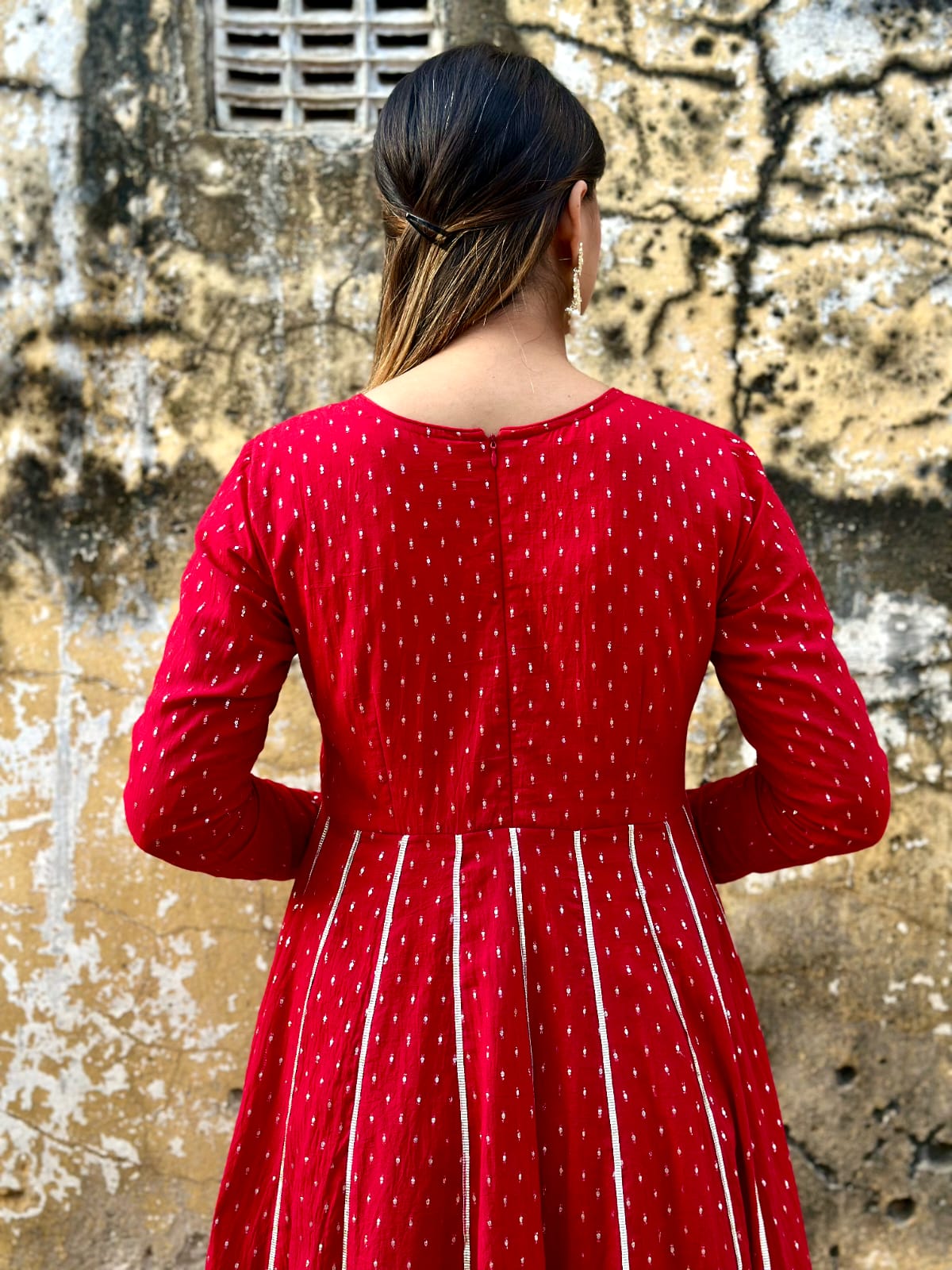 Negchar Handblock Anarkali Suit Set – Red
