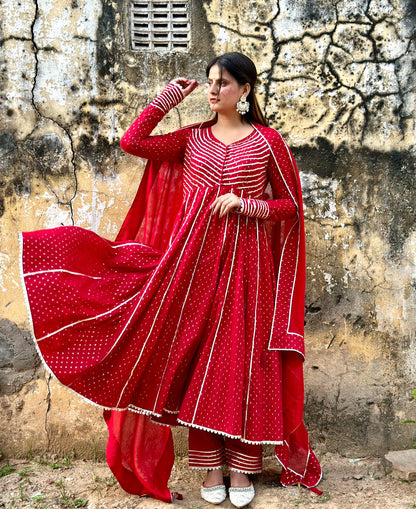 Negchar Handblock Anarkali Suit Set – Red