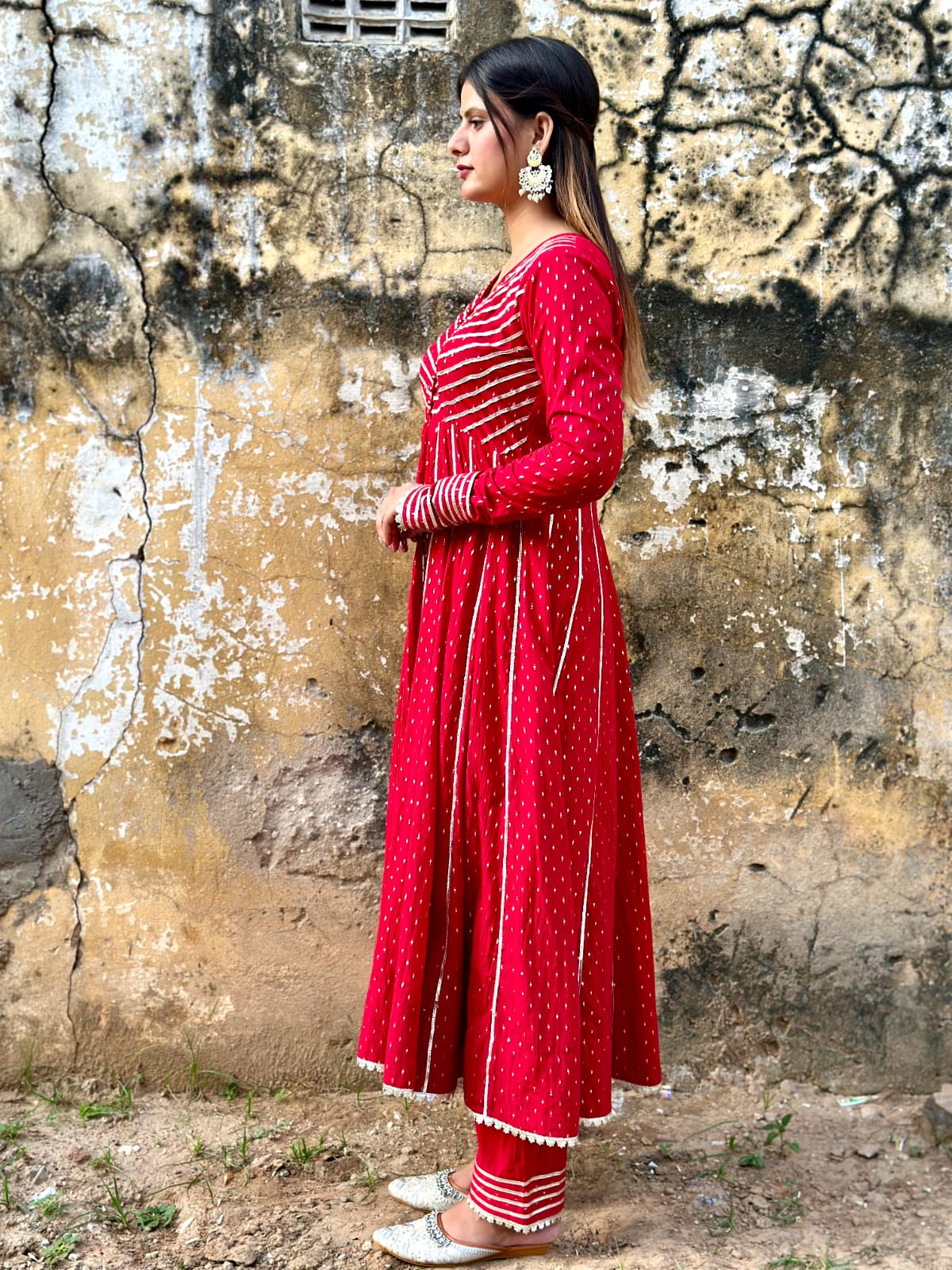 Negchar Handblock Anarkali Suit Set – Red
